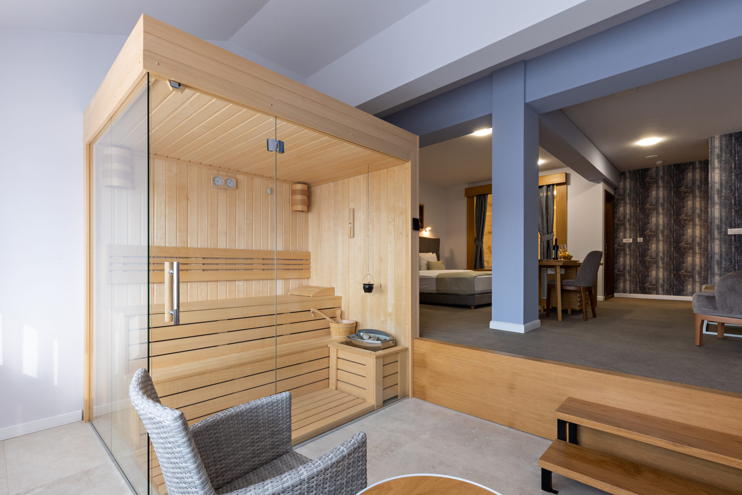 Small wooden sauna in a luxury hotel apartment